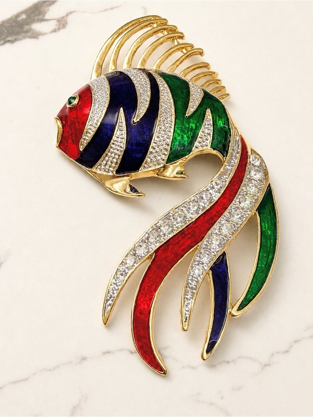 Large Colorful Tropical Fish Brooch Rhinestone Enamel Gold Tone Vintage Pin - Picture 2 of 10
